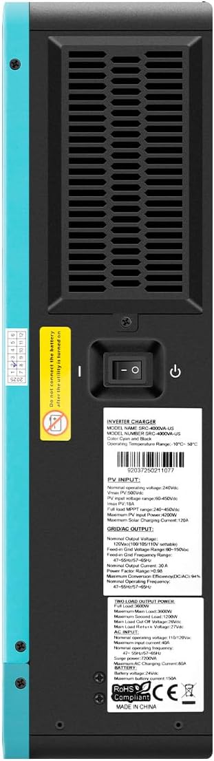 2 Inversor de potencia híbrido de onda sinusoidal pura de 3600 W con cargador solar MPPT de 120 A - CC 24 V (rango 20 V - 30 V) a CA 110 V 60 Hz, para respaldo doméstico, RV fuera de la red, sistemas