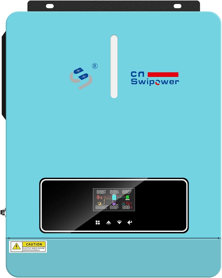 2 Inversor de potencia híbrido de onda sinusoidal pura de 3600 W con cargador solar MPPT de 120 A - CC 24 V (rango 20 V - 30 V) a CA 110 V 60 Hz, para respaldo doméstico, RV fuera de la red, sistemas
