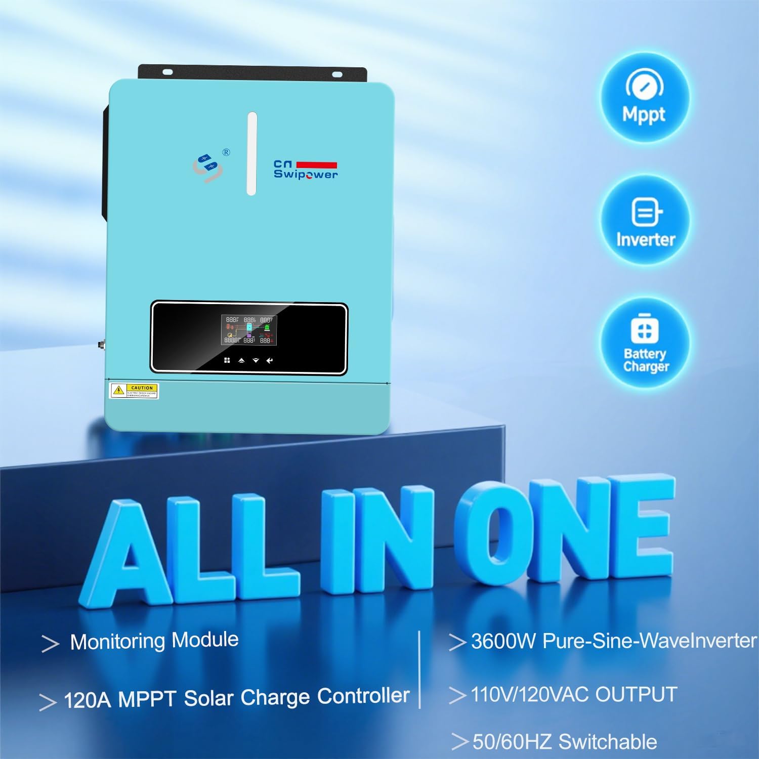 2 Inversor de potencia híbrido de onda sinusoidal pura de 3600 W con cargador solar MPPT de 120 A - CC 24 V (rango 20 V - 30 V) a CA 110 V 60 Hz, para respaldo doméstico, RV fuera de la red, sistemas