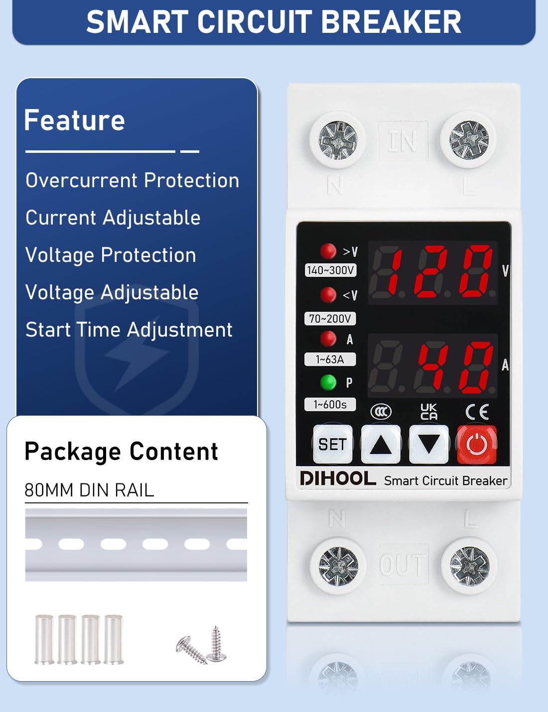 DIHOOL Protector de voltaje ajustable 110V 220V, corte de bajo/alto voltaje y protección contra sobrecorriente, subvoltaje 70-200V, sobretensión de 140-300V, desconexión de CA del disyuntor inteligente de 1-63A, montaje en carril DIN