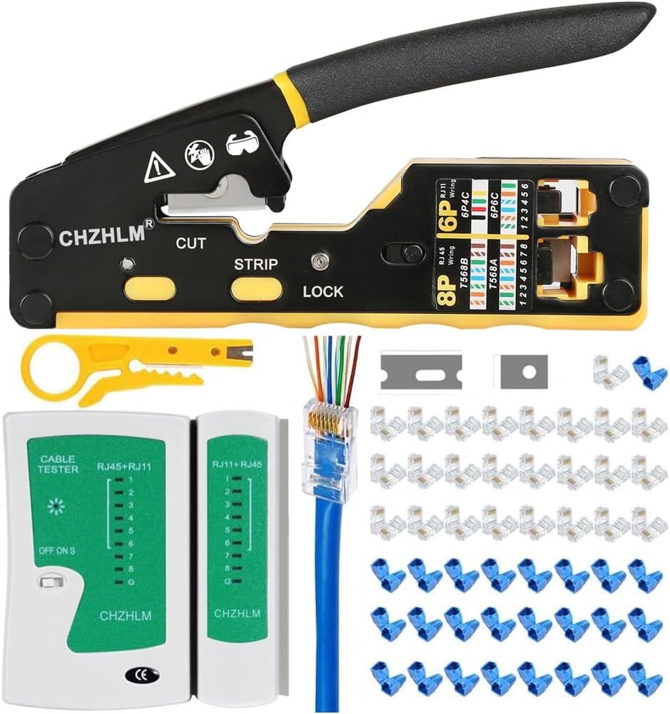 Kit Crimpadora RJ45 Todo en Uno | Cat5/5e/6 | Con Probador y 50 Conectores