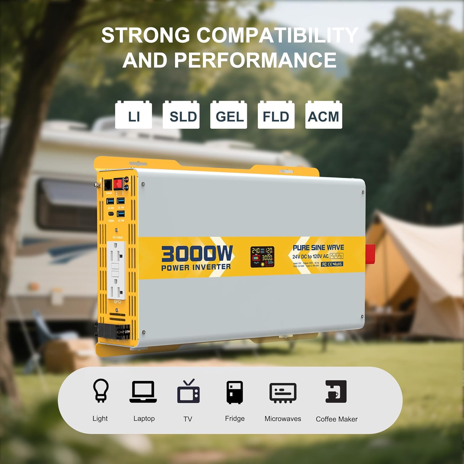 Inversor de Onda Sinusoidal Pura 3000W | 24V DC a 120V AC | GFCI | Control Remoto