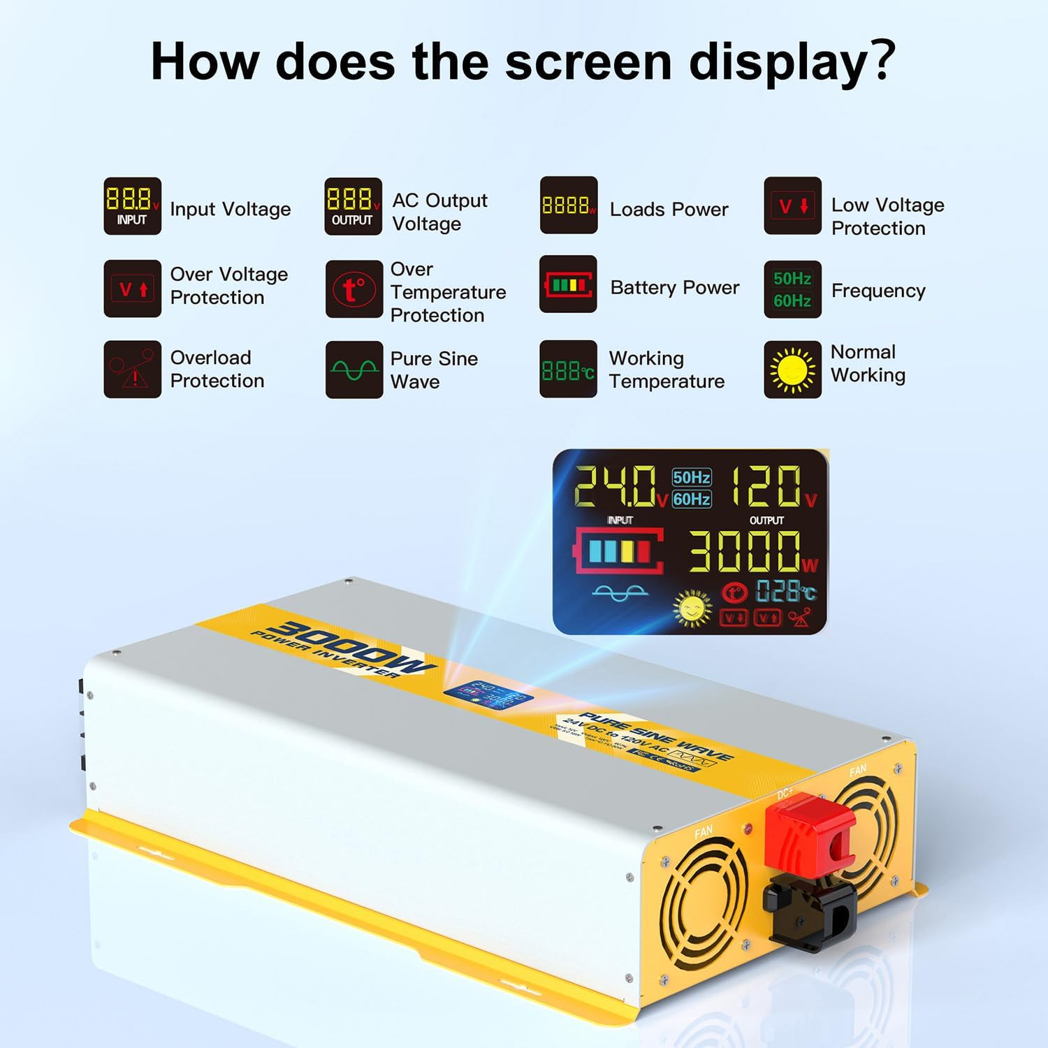 Inversor de Onda Sinusoidal Pura 3000W | 24V DC a 120V AC | GFCI | Control Remoto