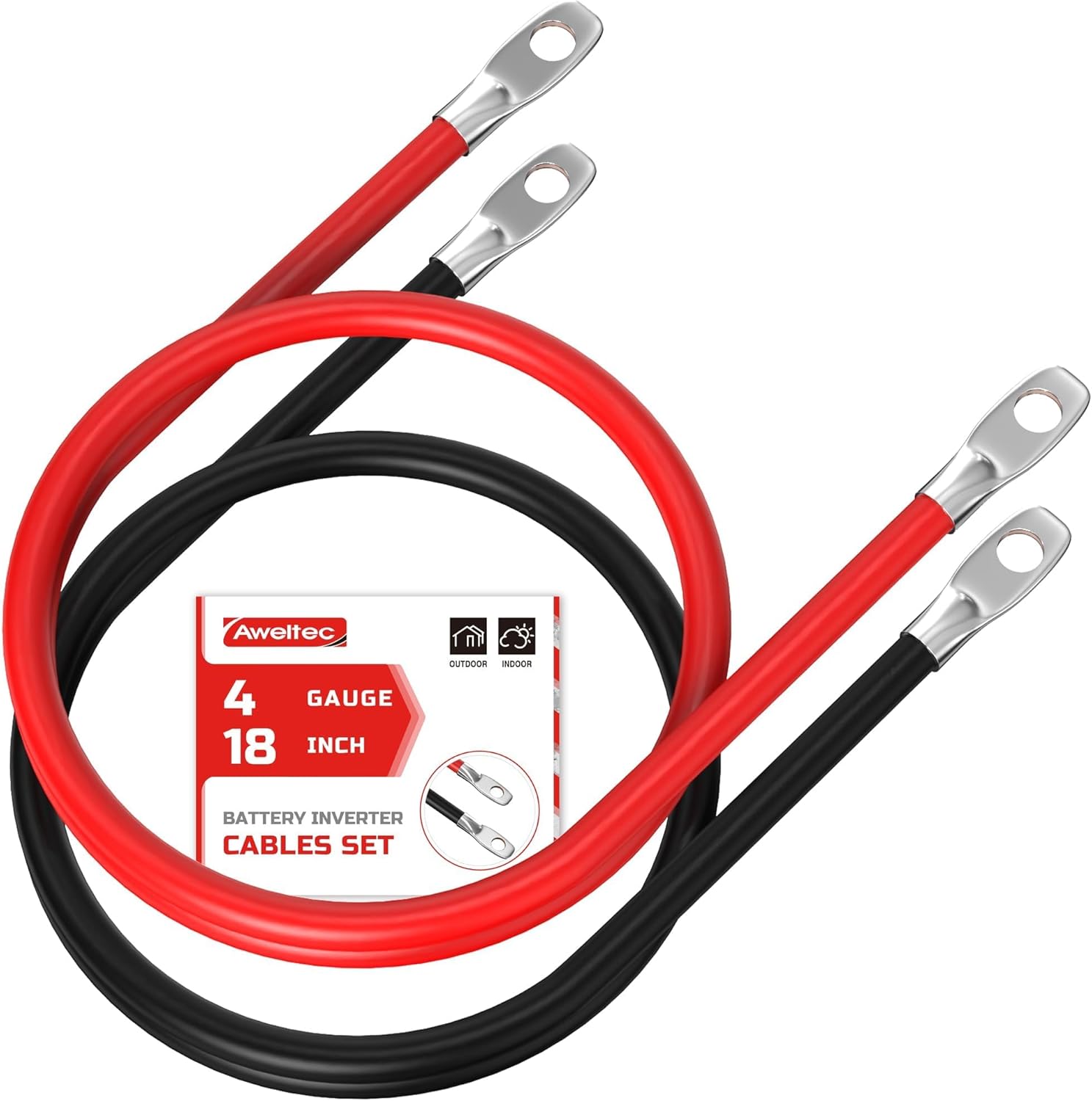 Cables de Batería de Cobre Puro 4 AWG 18" | Rojo y Negro | Pestañas 3/8"