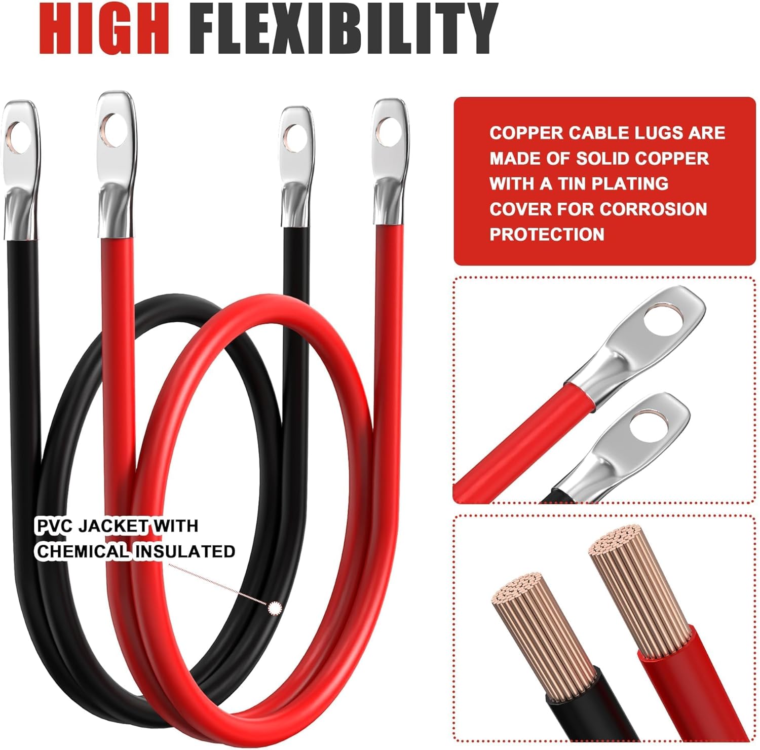 Cables de Batería de Cobre Puro 4 AWG 18" | Rojo y Negro | Pestañas 3/8"